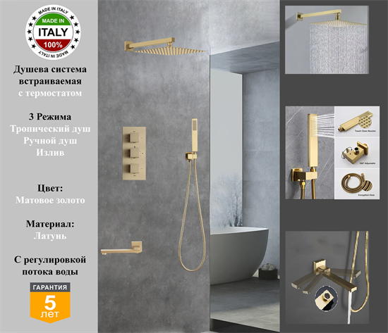 Душевая система скрытого монтажа c термостатом Gristo Gold Matte Termo GGMT-4062 золото матовое 1874 - фото 6113