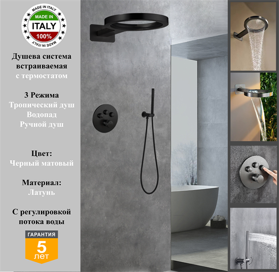 Душевая система скрытого монтажа c термостатом Gristo Black Matte Termo GBT-6053 черный матовый 1963 - фото 7044