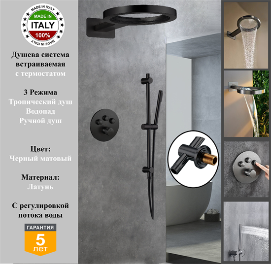 Душевая система скрытого монтажа c термостатом Gristo Black Matte Termo GBT-6053-1 черный матовый 1969 - фото 7116