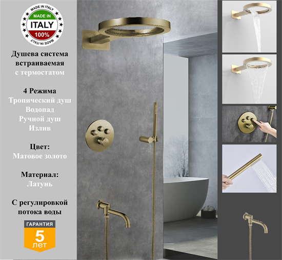 Душевая система скрытого монтажа c термостатом Gristo Gold Matte Termo GGMT-6063 матовое золото 1976 - фото 7177